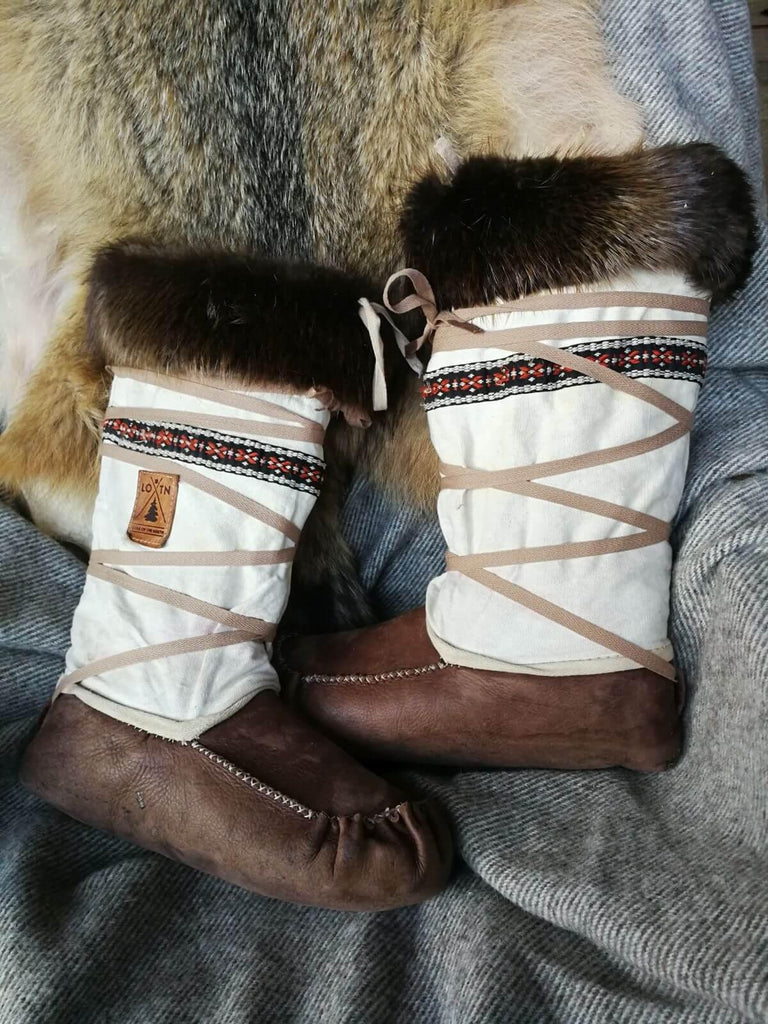 Winter Moccasins - DIY Kit (Canvas Uppers) - Bison and Beaver trim - Lure of the North Outfitters