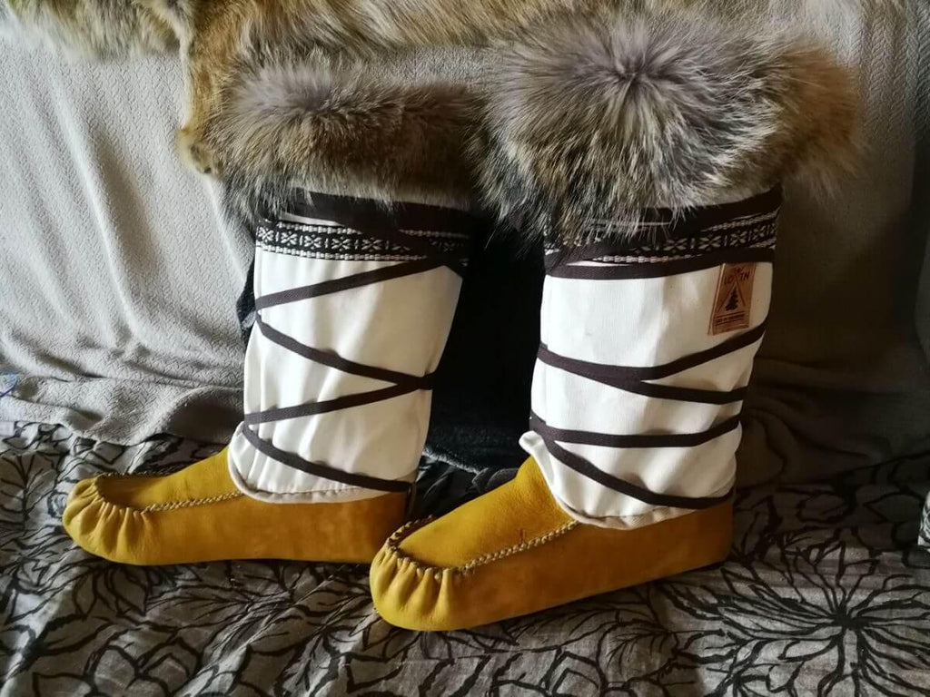 Winter Moccasins - DIY Kit (Canvas Uppers) - Bison and Coyote trim - Lure of the North Outfitters